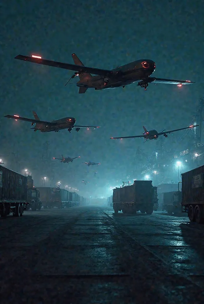 Drones flying over a maritime terminal”
Description: A fleet of illuminated military drones flying over the port, tracking something invisible to human eyes.

Prompt para IA:
"Aerial view of a maritime terminal at night. Several illuminated drones fly over...