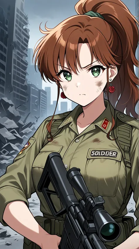 1 girl, SOLO, obra maestra, mejor calidad, SERIOUS FACE, LONg hair, Brown hair, green eyes, ponytail hairstyle, medium boobs, rose earrings, red earrngs, hair accessory, Kino Makoto, DEsTROYED CITy BACKGROUND, SOLDIER OUTFiT, GREEN CLOTHES, LOOKiNG AT View...