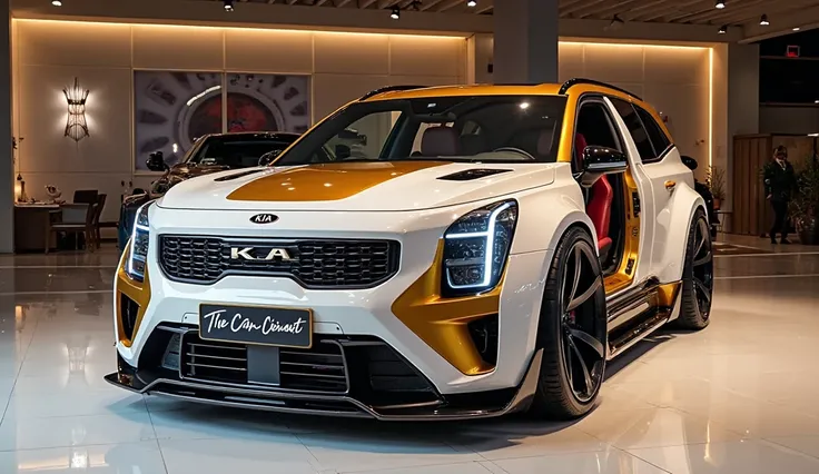 *"A highly detailed, ultra-realistic 2025 kia Telluride Concept with a custom widebody kit, large black alloy wheels, and an aggressive aerodynamic design. The car has a glossy metallic White and gold shiny color scheme, reflecting the ambient showroom lig...