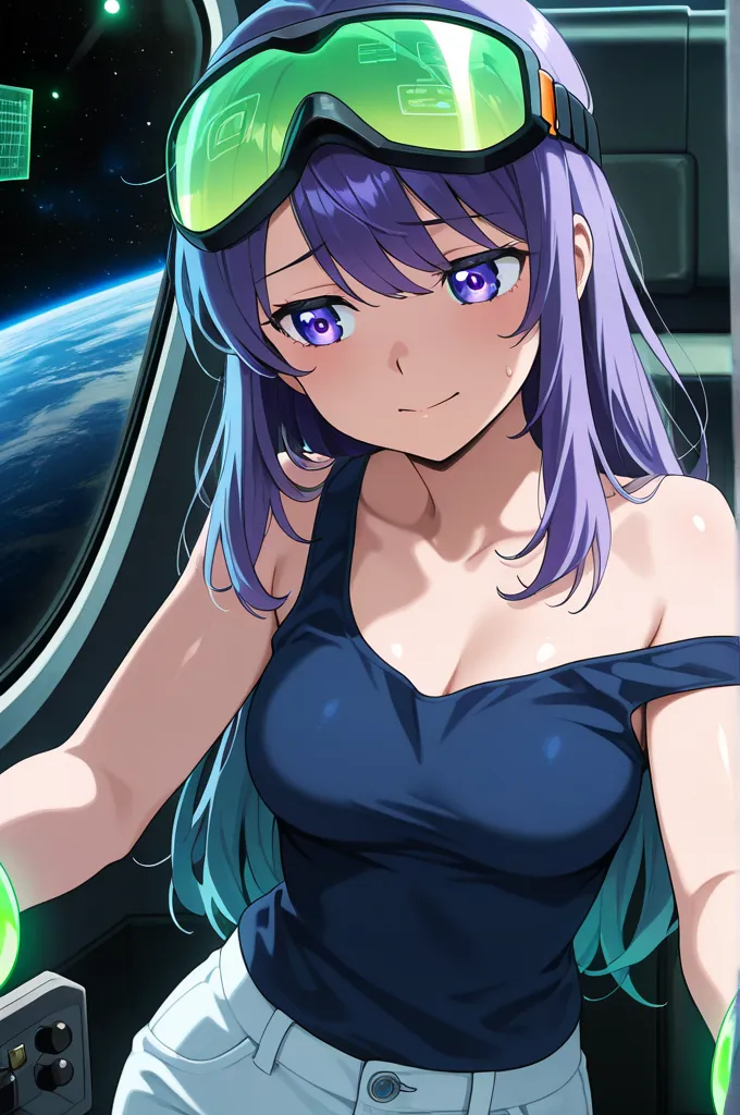 masterpiece, best quality, amazing quality, Solo, upper body, inside space ship, dizzy eyes, medium breasts, young woman, strap slip, wires, piloting controls, switches, control switches, flashing lights, gloves, nervous young woman with purple eyes, purpl...