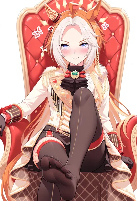 オルフェーヴル (ウマ娘) Orfevre (Umamusume){{{Uma Musume}}},{{{orfevre:1.7}}} (umamusume\), （woman sitting on the throne）（Blush & shyAn embarrassed expression）( best quality )、(Nonsense)、( very detailed)、( very beautiful way to hold ) information best quality 、Ultra...