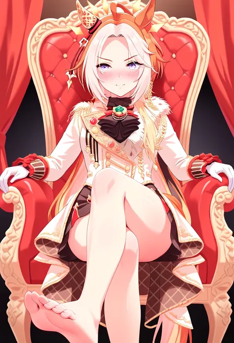 オルフェーヴル (ウマ娘) Orfevre (Umamusume){{{Uma Musume}}},{{{orfevre:1.7}}} (umamusume\), （woman sitting on the throne）（Blush & shyAn embarrassed expression）( best quality )、(Nonsense)、( very detailed)、( very beautiful way to hold ) information best quality 、Ultra...