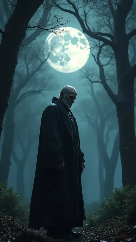 Create a hyper-realistic fantasy digital ultra HD dynamic 8K image of Heihachi Mishima, the main antagonist of the Tekken series, standing in a dark and misty forest, surrounded by ancient trees and a full moon shining down on him. The image should capture...