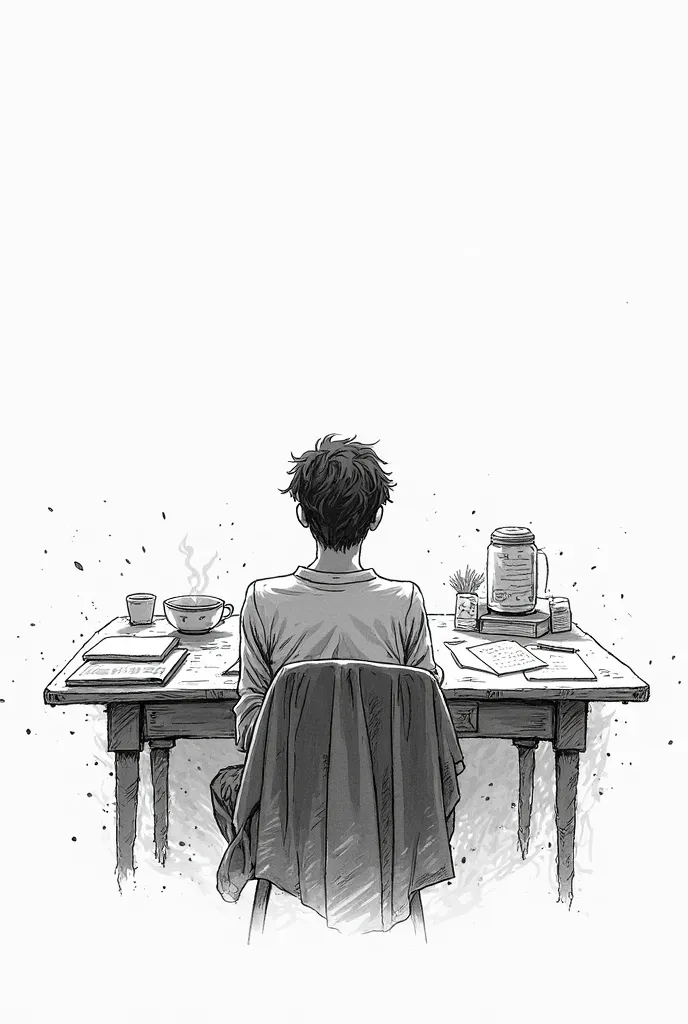 "A pen-drawn black and white sketch capturing a serene scene of a person writing at a wooden desk. The composition is minimalistic yet detailed, with expressive linework defining the elements. The person, viewed from the back or side, is deeply engaged in ...