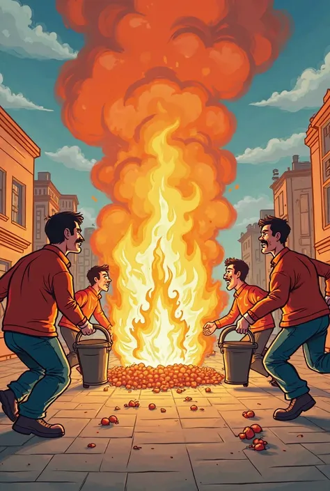 cartoon. Draw men putting out a fire using buckets.