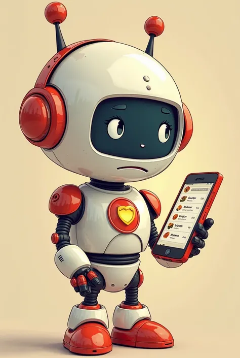 A cute robot is holding a phone. The robot can see the list of dishes on the phone screen—the dish search button, Dish type, Ingredients, Price, Dish description...etc. With cute colour tones like a comic page, the robot's facial expression is an expressio...