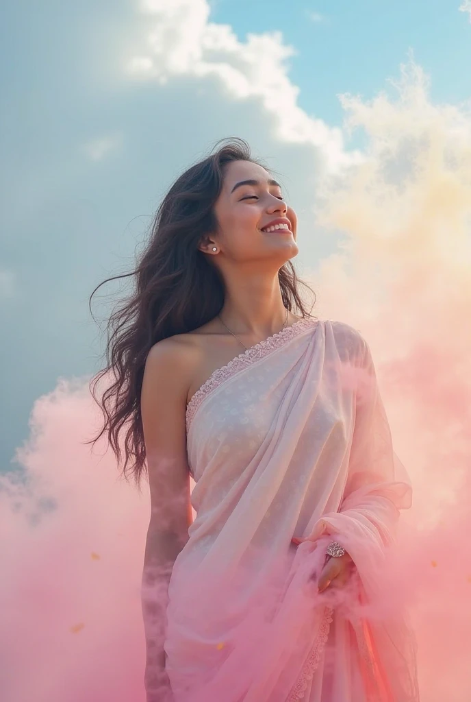 a young woman with dark hair, wearing a white  saree and a pink shawl draped over her shoulders. She is standing in front of a cloudy sky with pink and yellow, blue smoke or fog surrounding her. The woman is smiling and looking up towards the sky, with her...