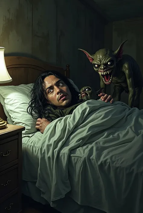 Daron Malakian of System of a Down trying to sleep at night but there’s Turkish goblins scaring him under his bed 