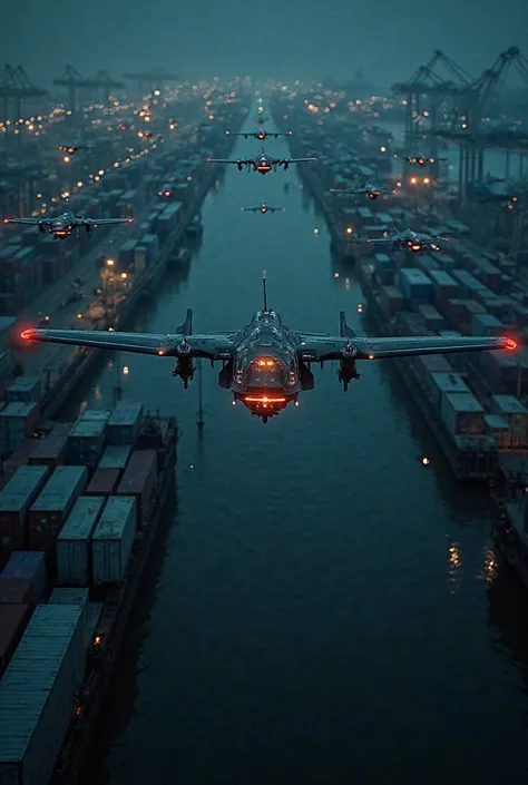  A fleet of illuminated military drones flying over the port, tracking something invisible to human eyes. Prompt para IA: "Aerial view of a maritime terminal at night. Several illuminated drones fly over the place, scattered across the sky in an organized ...