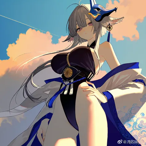 (diyokama:1.2), iwzry, luoman19921, honnryou hanaru, rsef style, 1girl, tosa \(azurl lane\), bare shoulders, breasts, closed mouth, cloud, from below, hand on own hip, highleg, large breasts, looking at viewer, off shoulder, sky, solo,