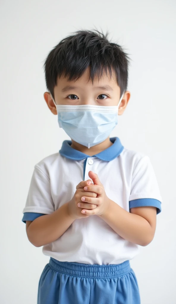 A young Asian boy, around 4-, stands happily wearing a white protective face mask. He has short black hair neatly trimmed and bright eyes filled with joy. He is dressed in a clean white short-sleeved school uniform with a blue collar and matching blue pant...