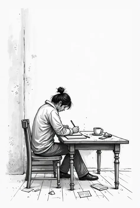 "A pen-drawn black and white sketch capturing a serene scene of a person writing at a wooden desk. The composition is minimalistic yet detailed, with expressive linework defining the elements. The person, viewed from the back or side, is deeply engaged in ...