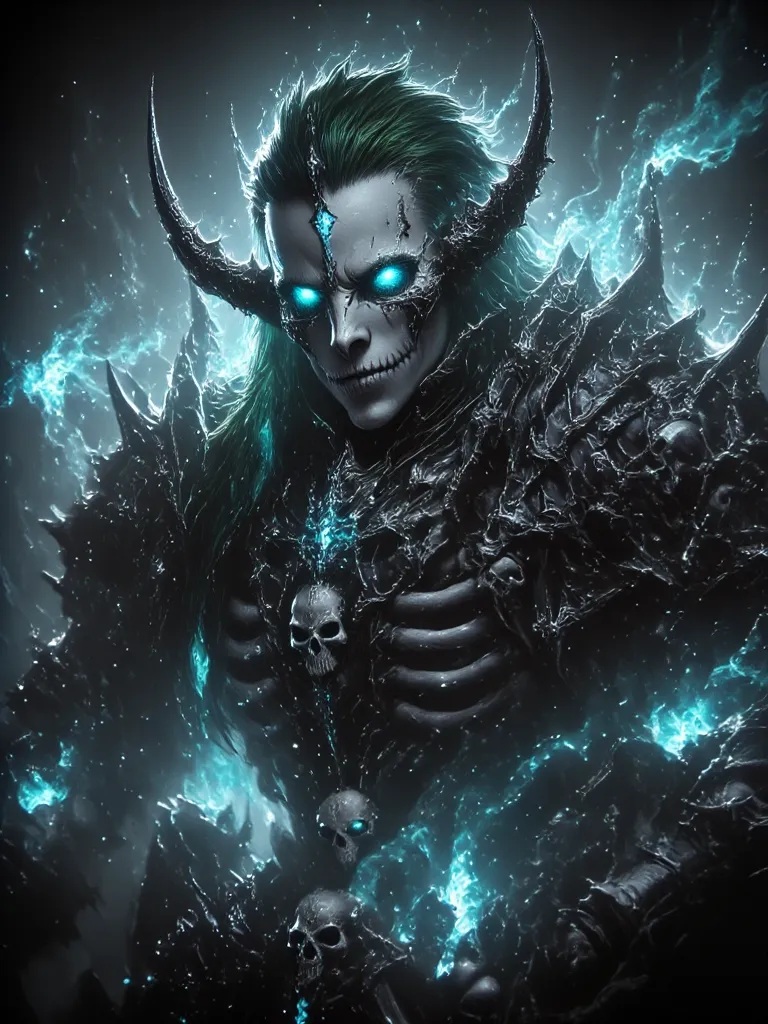 Create an image of the most stunningly  kijin man, Stunningly gorgeous perfect face, detailed strong body figure, very long styled green hair,  (black kijin armor spiked), long horns, (no nude)