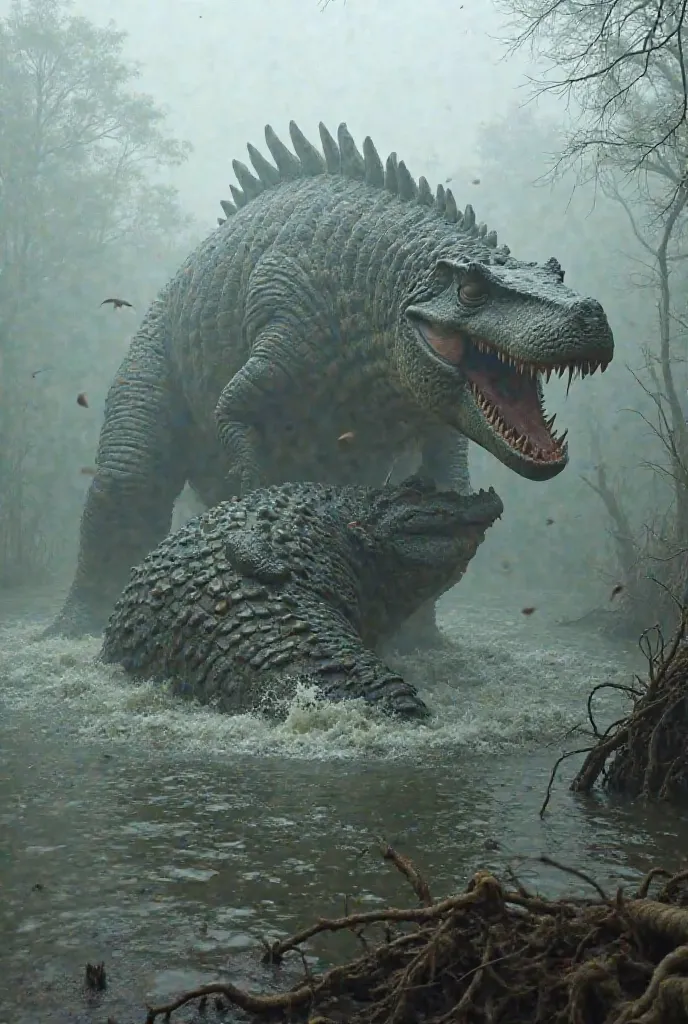 Thick fog rolls over the murky swamp as a monstrous Spinosaurus wrestles with a gigantic, armored crocodile, their massive forms crashing through the water. The crocodile’s jaws snap shut just as the dinosaur jerks its head away, missing by mere inches. Th...