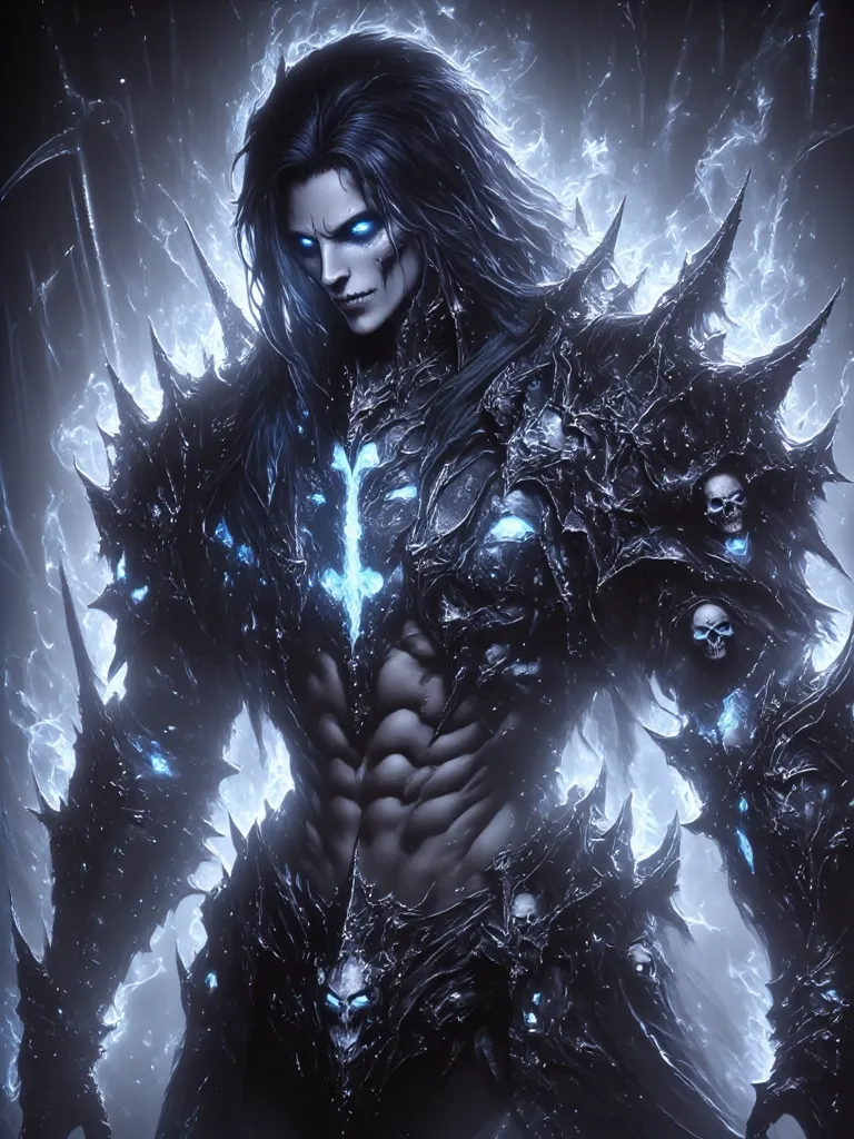 Create an image of the most stunningly  kijin man, Stunningly gorgeous perfect face, detailed strong body figure, very long styled blue hair,  (black kijin armor spiked), long horns, (no nude)