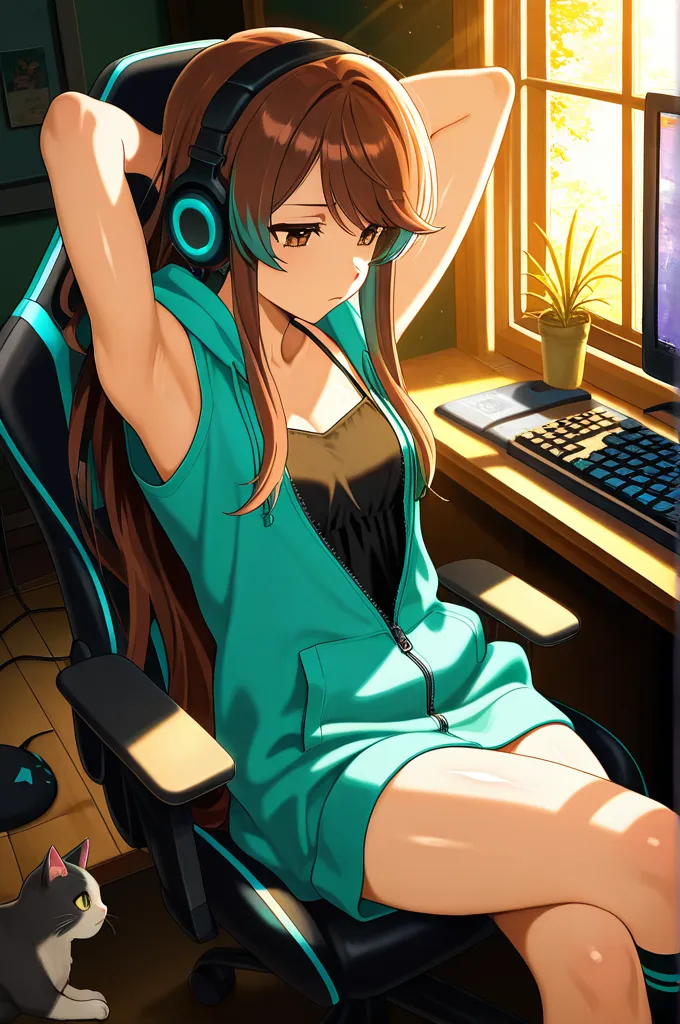 masterpiece, best quality, amazing quality, close up, disappointed expression, brown eyes, long sidelocks, very long brown hair with teal highlights, gaming headset, sitting on chair in front of computer desk, gaming chair, hands behind head, arms up, keyb...