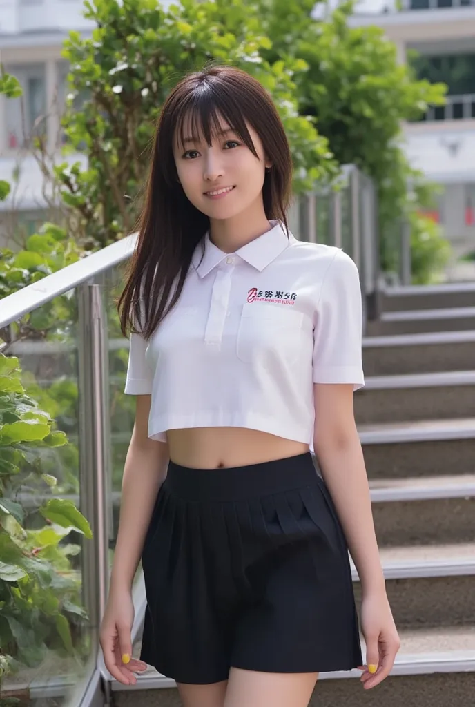 This high-quality photograph captures full body of a beautiful Thai woman 20 years old with long, wavy brown hair and light skin, looking at viewer, sweet smile. She is dressed in short sleeve white shirt , brown university belt, short pencil black skirt w...