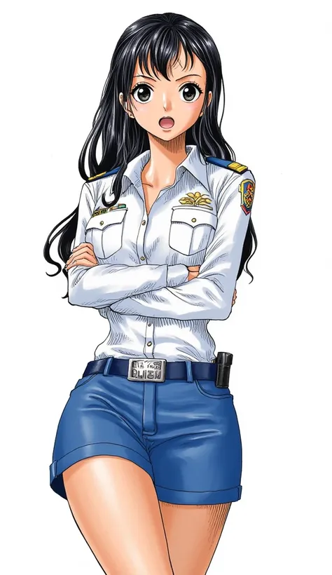 ArsMJStyle, Oil Pastels、background is stark white、on3pi3c3styl3、pastel collar、Akira Toriyama Style、32K、Alone、 alone、Semi-realistic、detailed eyes、detailed faces、full body、Big Breasts、dress character design、Beauty、Police Officer、fighting pose、special design