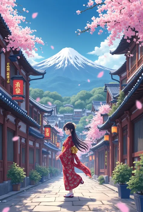 Create a beautiful anime of an ancient Japanese city with lots of people. And indicate a beautiful women as a heroine 