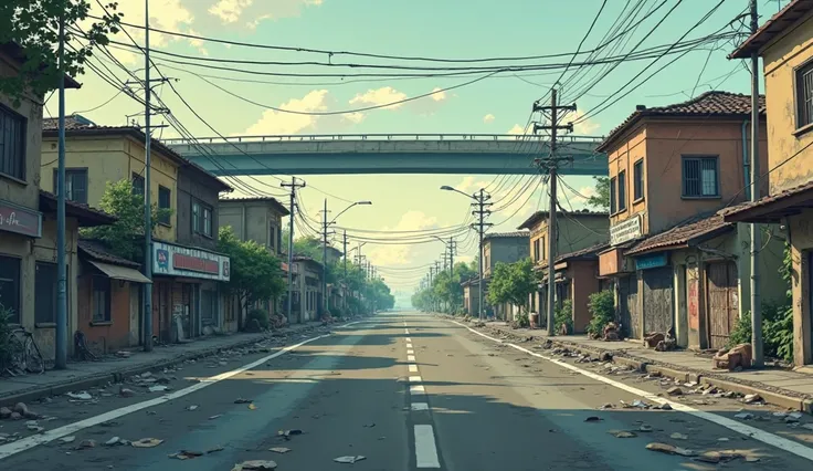 Cartoon photo of empty roadside ghetto street with flyover bridge at a distance, no people in the morning landscape, back view