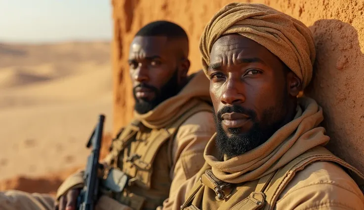 A hyper-realistic cinematic image of two African American twin soldiers resting against a sandy desert wall. They wear tan camouflage military uniforms with tactical gear. One has a tactical headscarf wrapped around his head, while the other has a short mi...