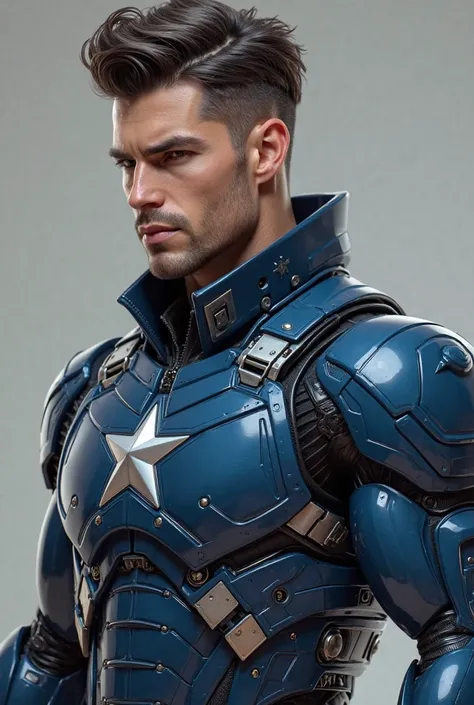 a male cyborg with a soul patch and an 80s flow hair cut with a human head and human torso and the rest being bulky navy blue chrome, maintaining a human appearance and styled like Marvel Rivals Winter Soldier