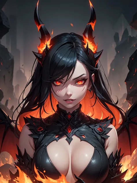 A highly detailed and realistic upper-body portrait of Akasha, Queen of Pain from Dota 2. She is a seductive demoness with intensely vibrant crimson red skin, almost glowing with an otherworldly aura. Her sharp and elegant facial features exude both beauty...