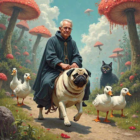 Priest with ducks, riding a pug, in Wonderland, Cheshire cat in the form of a man in the background