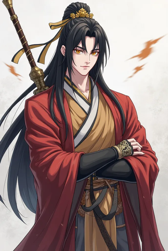 WangJi is a man with a muscular build, of quite tall height and somewhat pale skin. His hair is too long, of black color and a bow on top with a fork, accompanied by a ribbon that wraps around his head and falls backwards along with his hair. His eyes are ...