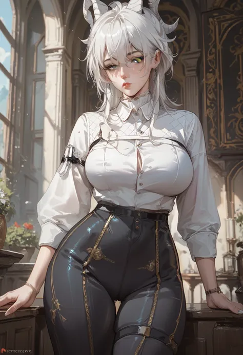 thigh suit, sleepy eyes, pants, milf, white hair, 