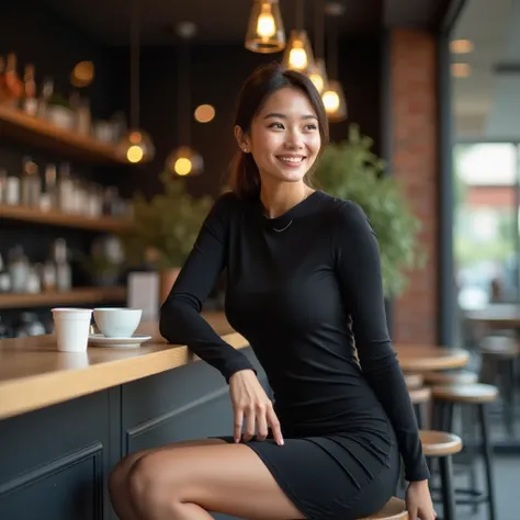 Young woman, light brown skin, 20-25 years old, sitting at a cafe bar counter, wearing a form-fitting black mini dress with long sleeves.  Smiling expression, relaxed body language, looking to the side.  The dress is smooth, and likely made of a polyester ...