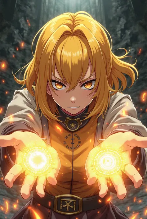 An anime character with yellow hair（Female），to cast magic in his hands，Using a threatening look