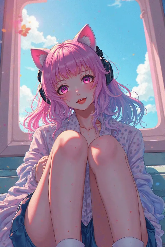 Hentai anime gamer girl with cat headphones with pink and blue hair pastel ((low angle)) ((feet shoing at cámara)