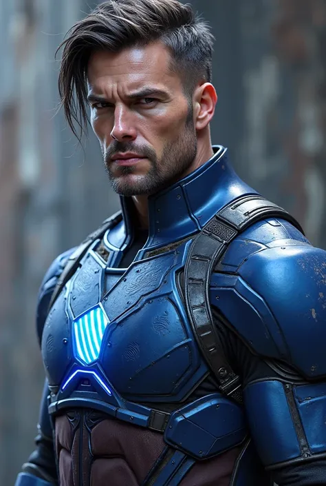 a male with a soul patch and an 80s flow hair cut with a human head and human top half and the rest being bulky navy blue chrome with electric blue lights, maintaining a human appearance and styled like Marvel Rivals Winter Soldier