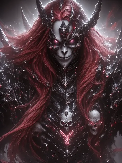 Create an image of the most stunningly  kijin man, Stunningly gorgeous perfect face, detailed strong body figure, very long styled red hair,  (black kijin armor spiked), long horns, (no nude)