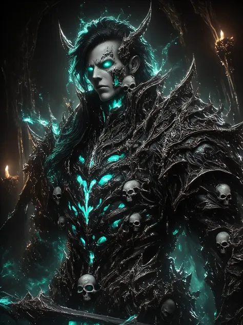 Create an image of the most stunningly  kijin man, Stunningly gorgeous perfect face, detailed strong body figure, very long styled green hair,  (black kijin armor spiked), long horns, (no nude)