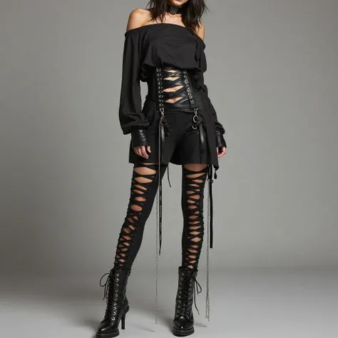 Gothic Ninja Royale
A semi-loose, off-the-shoulder top with one arm fully exposed, while the other has lace-up detailing along the side, revealing glimpses of skin.
The waist features seven sleek, black-trimmed belts, some crossing diagonally, giving a wra...