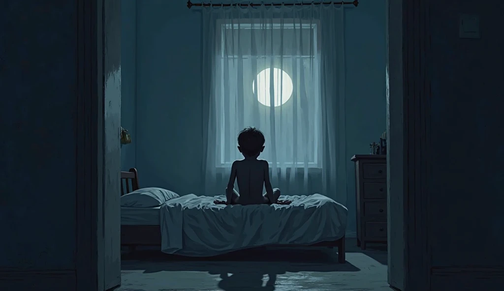 "A dimly lit 's bedroom at night, viewed from a doorway. A silhouette of a small boy sitting on the bed in an unnaturally contorted position, his limbs bent at impossible angles. Moonlight filtering through thin curtains casts long shadows on pale blue wal...