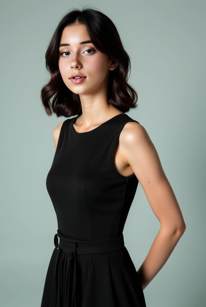 1girl, studio, headshot, medium shot, black dress
