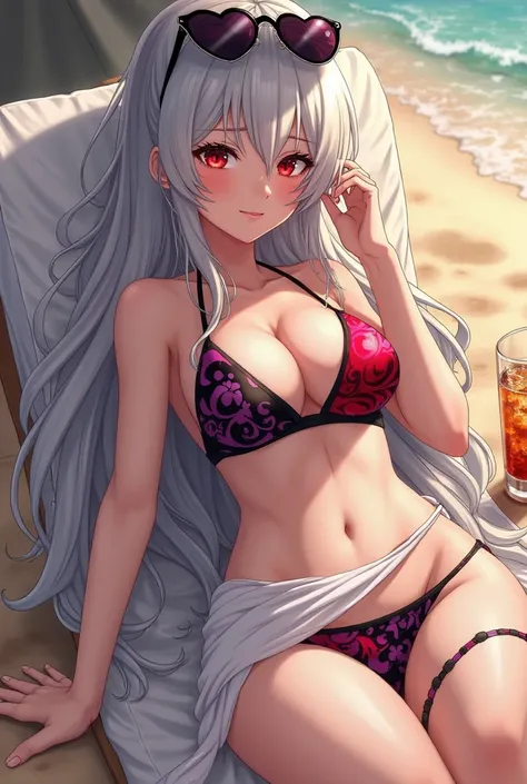 She reclines effortlessly under the soft shade of a beach umbrella, her long, silvery-white hair cascading over her shoulders like liquid moonlight. A playful smirk tugs at her lips as she adjusts the heart-shaped sunglasses perched atop her head, those pi...