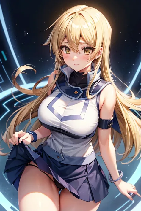 masterpiece, best quality, highres, heart hair ornament, ta1,blonde hair,long hair,yellow eyes, white jacket, sleeveless, blue skirt,tight skirt , miniskirt,fingerless gloves,smile,big tits  ,looking at viewer,top view,(standing), bracelet, Cyber city,blue...