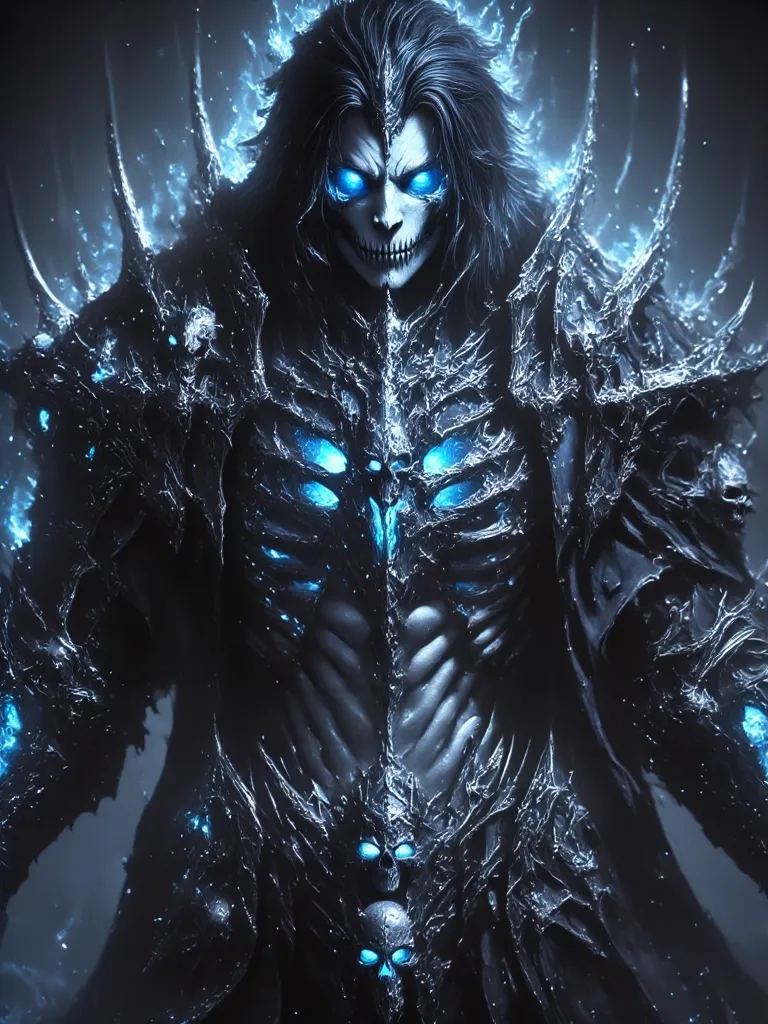 Create an image of the most stunningly  kijin man, Stunningly gorgeous perfect face, detailed strong body figure, very long styled blue hair,  (black kijin armor spiked), long horns, (no nude)