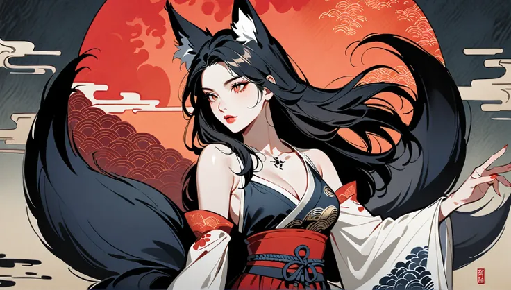 Ink Painting, Delicate and precise, Modern ukiyo-e style, ahri, spirit blossom ahri, mature, fox tail, tail, bare shoulders, detached sleeves,  multiple tails, lips, slit pupils, fox ears, crimson moon, 1girl, solo