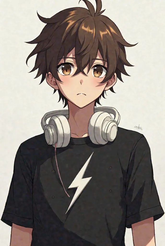 As a serious tall anime boy of 18 with white headphones around his neck with brown pupils and brown hair and a black shirt with a lightning bolt logo