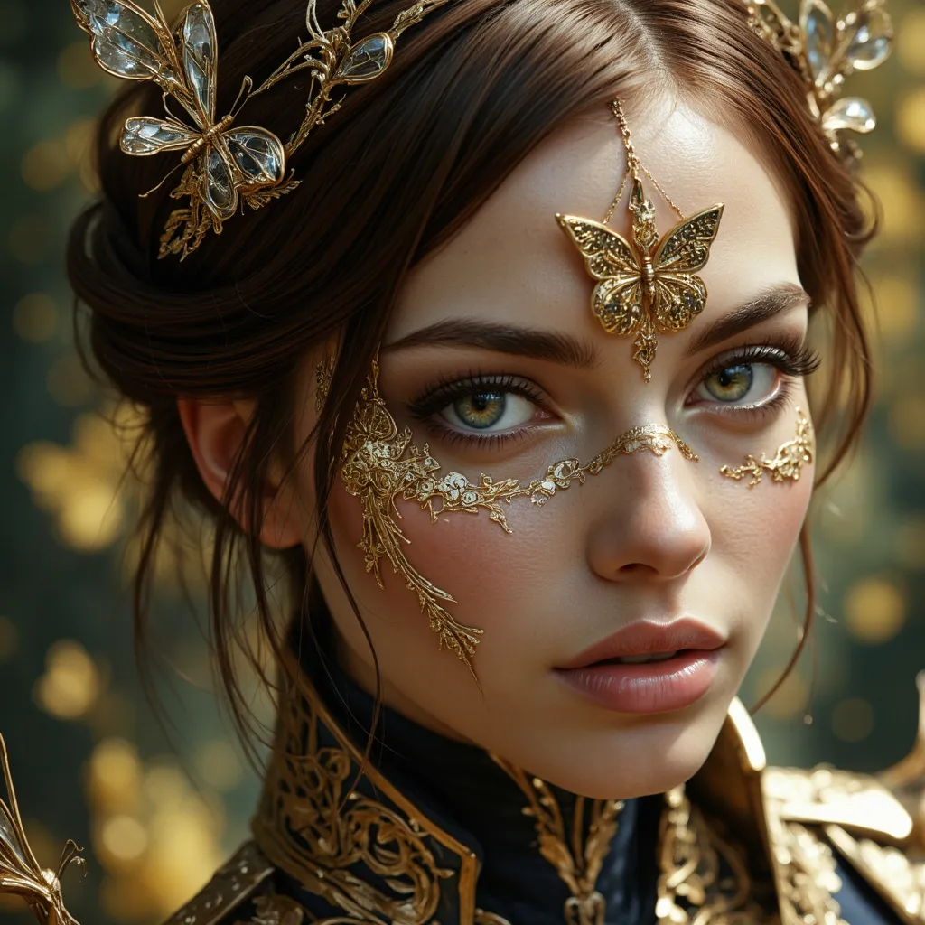 8k portrait of beautiful cyborg with brown hair, intricate, elegant, highly detailed, majestic, digital photography, art by artgerm and ruan jia and greg rutkowski surreal painting gold butterfly filigree, broken glass, (masterpiece, sidelighting, finely d...