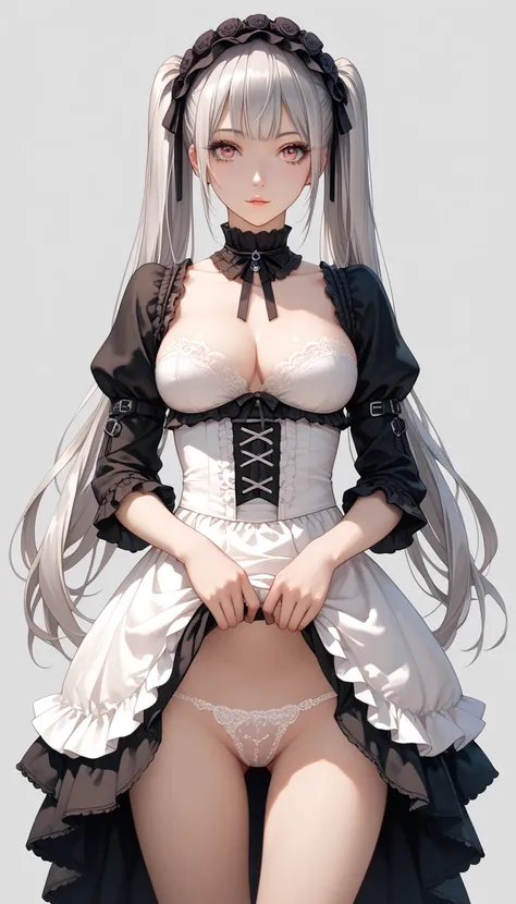 best quality, absurdres, わきDownを見せない, Down, no background, becomes transparent when you stare at it {x}, PE, front view, cowboy shot, perfect and beautiful face, Beautiful breasts,  Read more, slim, silver long twintails, gothic lolita, white lace thong, h...