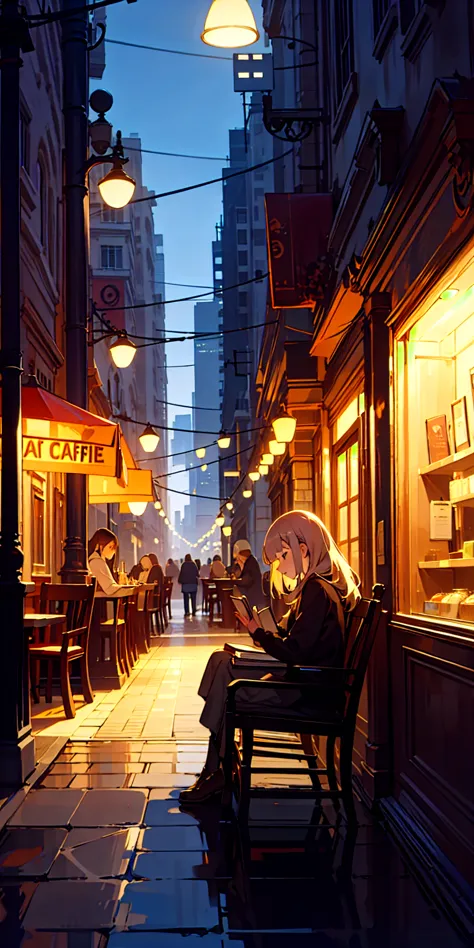 City cafe at night,Woman reading a book, inside a cafe