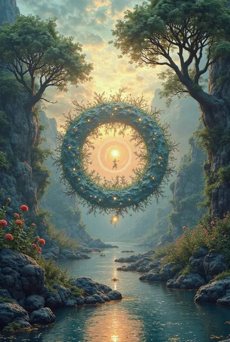 gives me images containing symbols like the following: Zen circle ( Karma Circle ) computer background photo style , 3D style , depicts real Fantasy, landscape and Buddhism ,  16 aspect ratio:9, upscaling and detail, 8k, HD , HDR, Ultra High Quality