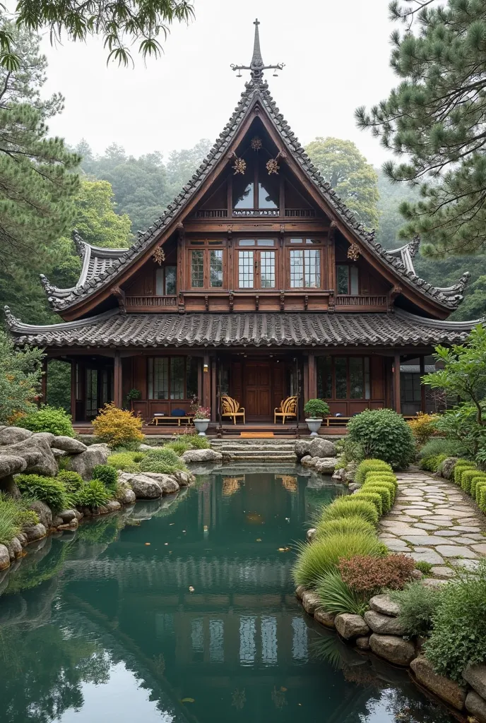 Villa japonaise à toit en forme de L, d'un étage, deux fois plus longue que l'église, salon avec vue directe sur le jardin, Il y a une église sur le côté droit de la maison., Il y a un jardin de pins chinois et d'orchidées devant la maison., Petit élément ...