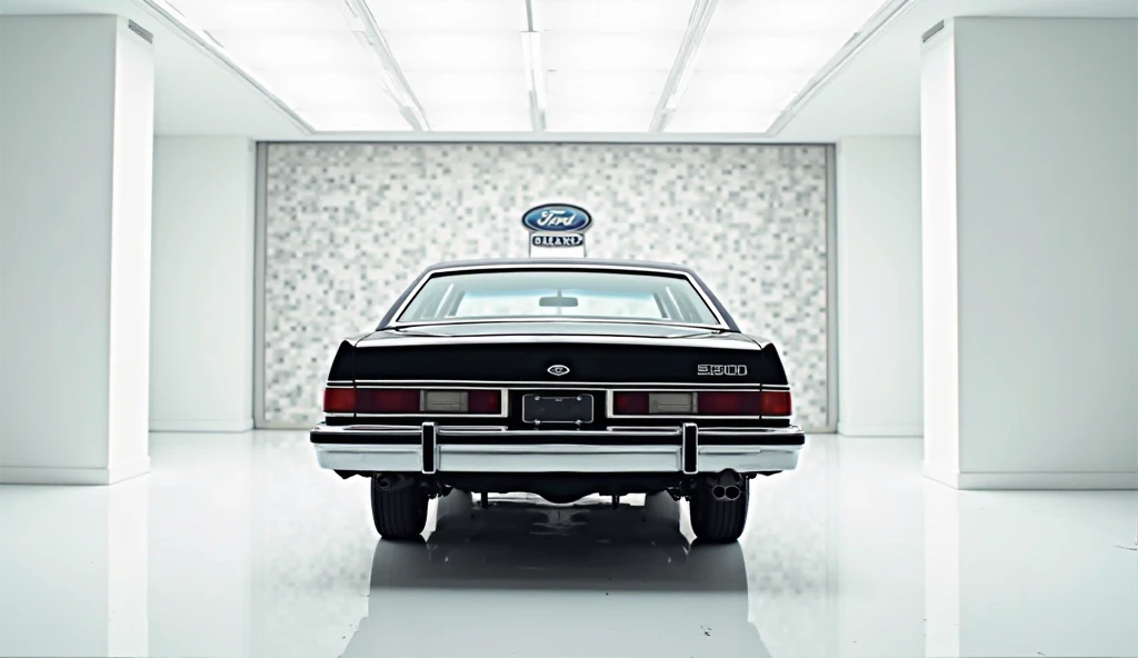 A photo of a bright(.  Black ) ( 1980 Ford Galaxy 500 fast back 
     )  in a luxurious white showroom. The car's back fully visible. The (company) badge is prominently displayed large on the wall behind the car. The floor is spotless white.